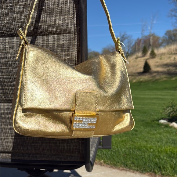 EUC RARE Vintage Fendi Mama Baguette Gold Metallic Rhinestone Shoulder Bag Rare - Picture 1 of 12